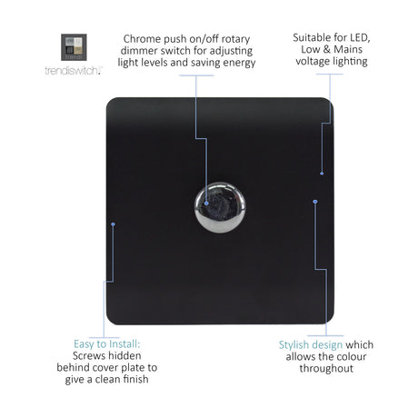 1 Gang 2 Way Dimmer Switch in matt black with a screwless square plate and central chrome push on/off rotary knob, shown on a white background.