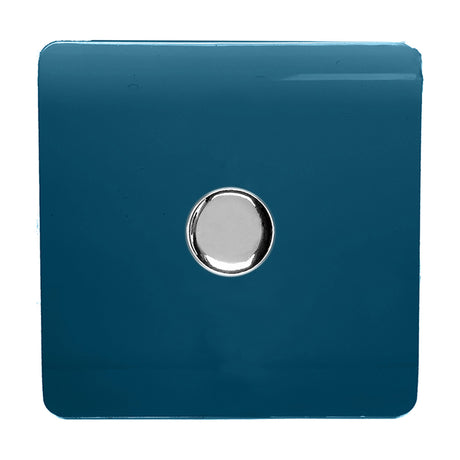 1 Gang 2 Way Dimmer Switch in midnight blue with a screwless square plate and central chrome rotary knob, shown on a plain white background.
