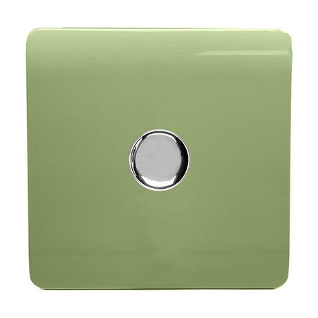 Square screwless 1 gang 2 way rotary dimmer switch in moss green with a central chrome knob, shown on a plain white background.