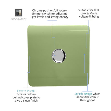 1 Gang 2 Way Dimmer Switch in moss green with a central chrome push on/off rotary knob and screwless square plate, shown on a white background.
