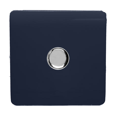 1 Gang 2 Way Dimmer Switch in navy blue, a square screwless plate with a central chrome rotary knob, shown on a plain white background.