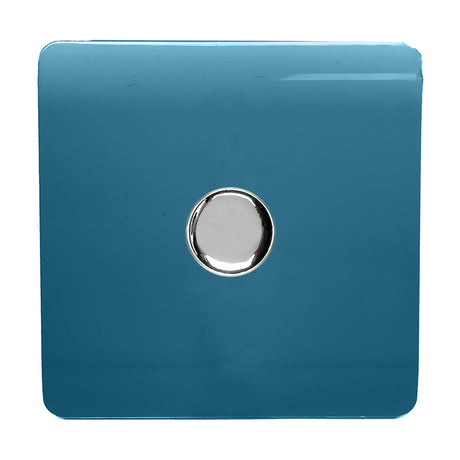 1 Gang 2 Way Dimmer Switch in Ocean Blue with a screwless square plate and central chrome rotary knob, shown on a plain white background.