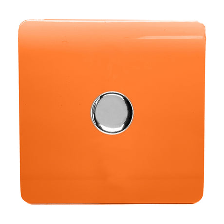 1 Gang 2 Way Dimmer Switch in orange with a central chrome rotary knob, screwless square plate, shown on a plain white background.