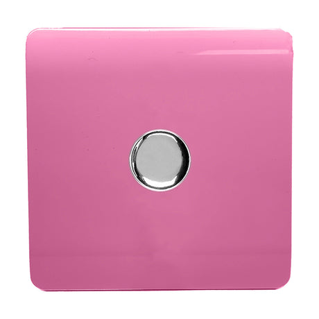 Square screwless 1 gang 2 way dimmer switch in pink with a central chrome rotary knob, shown on a plain white background.