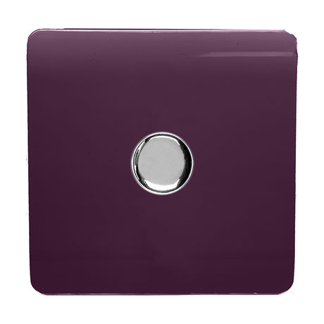 1 Gang 2 Way Dimmer Switch in Plum with a screwless square plate and central chrome rotary knob, shown on a plain white background.