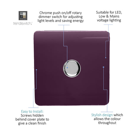 Square 1 gang 2 way rotary dimmer switch in plum with a central chrome push on/off knob and screwless plate, shown on a white background with feature callouts.