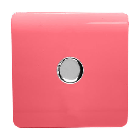 1 gang 2 way rotary dimmer switch in strawberry pink with a screwless polycarbonate plate and chrome centre knob, shown on a plain white background.