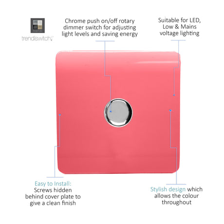 Strawberry pink 1 gang 2 way rotary dimmer switch with screwless square plate and central chrome push knob, shown on a white background with labelled feature callouts.