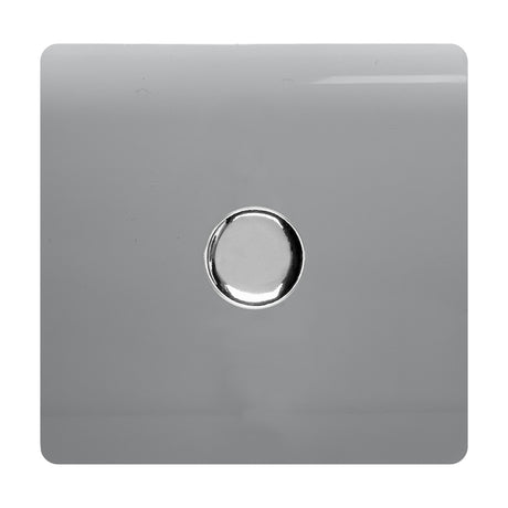 1 Gang 2 Way Dimmer Switch in platinum silver with a screwless square plate and central chrome rotary knob, shown against a plain light background.