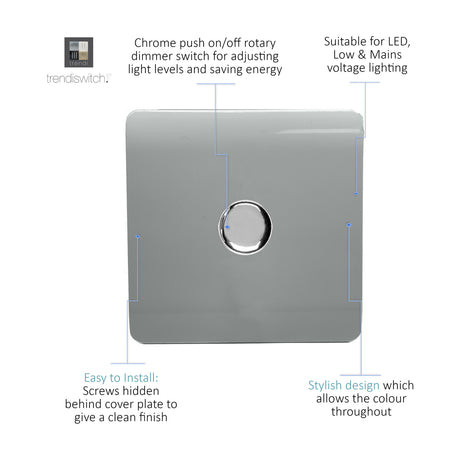 1 Gang 2 Way Dimmer Switch in platinum silver with a screwless square plate and central chrome rotary push on/off knob, shown on a white background with feature callouts.