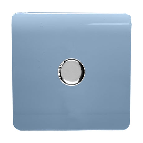 1 Gang 2 Way Dimmer Switch in sky blue, square screwless plate with central chrome rotary knob, shown on a plain white background.