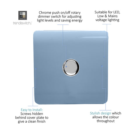 1 Gang 2 Way Dimmer Switch in Sky Blue with a central chrome push on/off rotary knob on a screwless flat plate, shown on a white background.