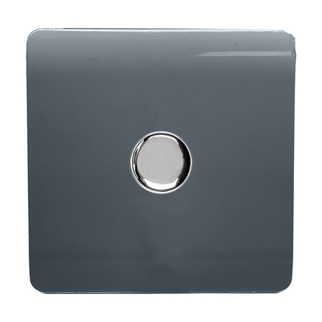 1 Gang 2 Way Dimmer Switch in warm grey, screwless square plate with central round chrome rotary knob, shown on a plain white background.
