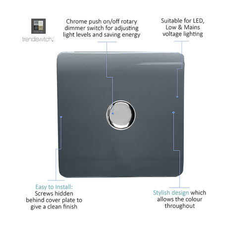 1 Gang 2 Way Dimmer Switch in warm grey with a screwless square plate and central chrome rotary knob, shown on a white background with feature callouts.