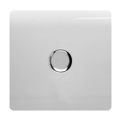 1 Gang 2 Way Dimmer Switch in ice white, screwless square plate with central round chrome rotary knob, shown on a plain white background.