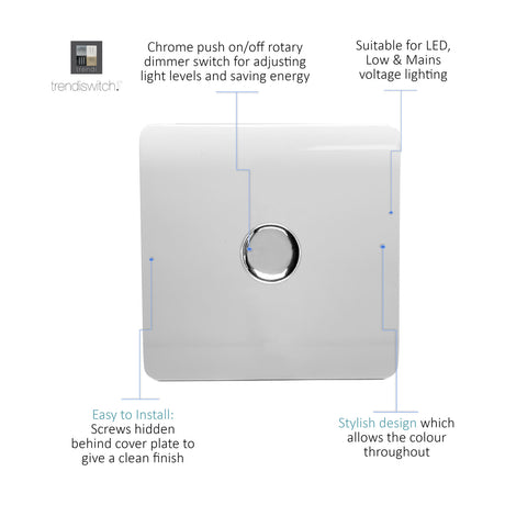 1 gang 2 way dimmer switch in ice white with a screwless polycarbonate plate and centred chrome rotary knob, shown on a plain white background with callout labels.
