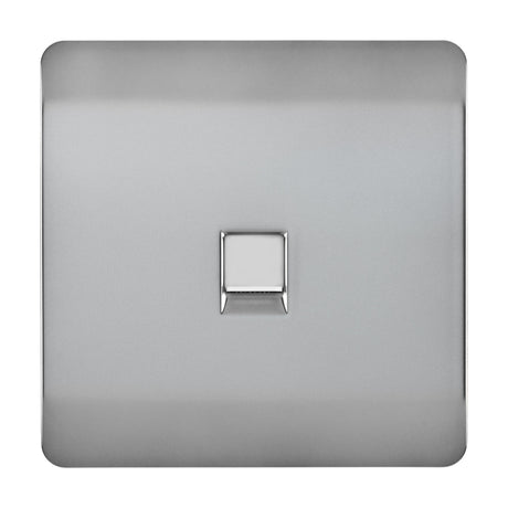 1 Gang Ethernet Outlet in brushed steel with a screwless square plate and central chrome RJ45 data socket, shown on a plain white background.