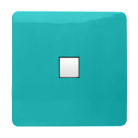 1 Gang Ethernet Outlet in bright teal with a screwless square plate and single white RJ45 data port, shown on a plain white background.
