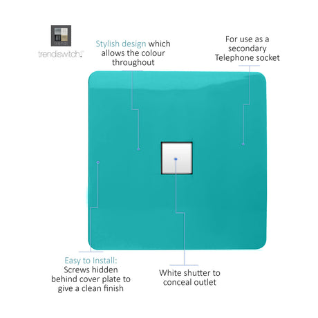 Square screwless 1 gang ethernet outlet in bright teal with white shuttered RJ45 port, hidden fixing screws, shown with feature callouts on white background.