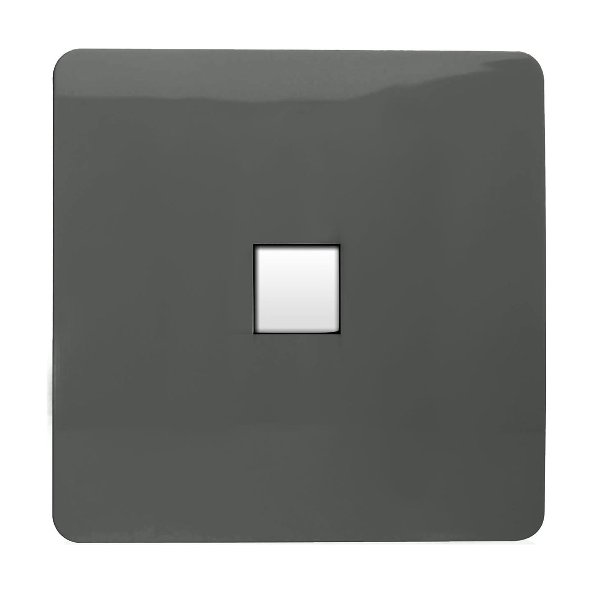 Single gang Ethernet outlet with a screwless charcoal square plate and central white RJ45 data socket, shown on a plain white background.