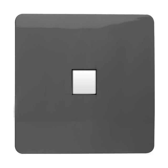 Single gang Ethernet outlet with a screwless charcoal square plate and central white RJ45 data socket, shown on a plain white background.