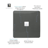 Square screwless charcoal 1 gang ethernet outlet with white shutter concealing the RJ45 socket, shown with labelled callouts on a white background.