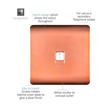 1 Gang Ethernet Outlet in copper with a flat screwless metal plate and central white shutter concealing the RJ45 port, shown on a white background with labelled features.
