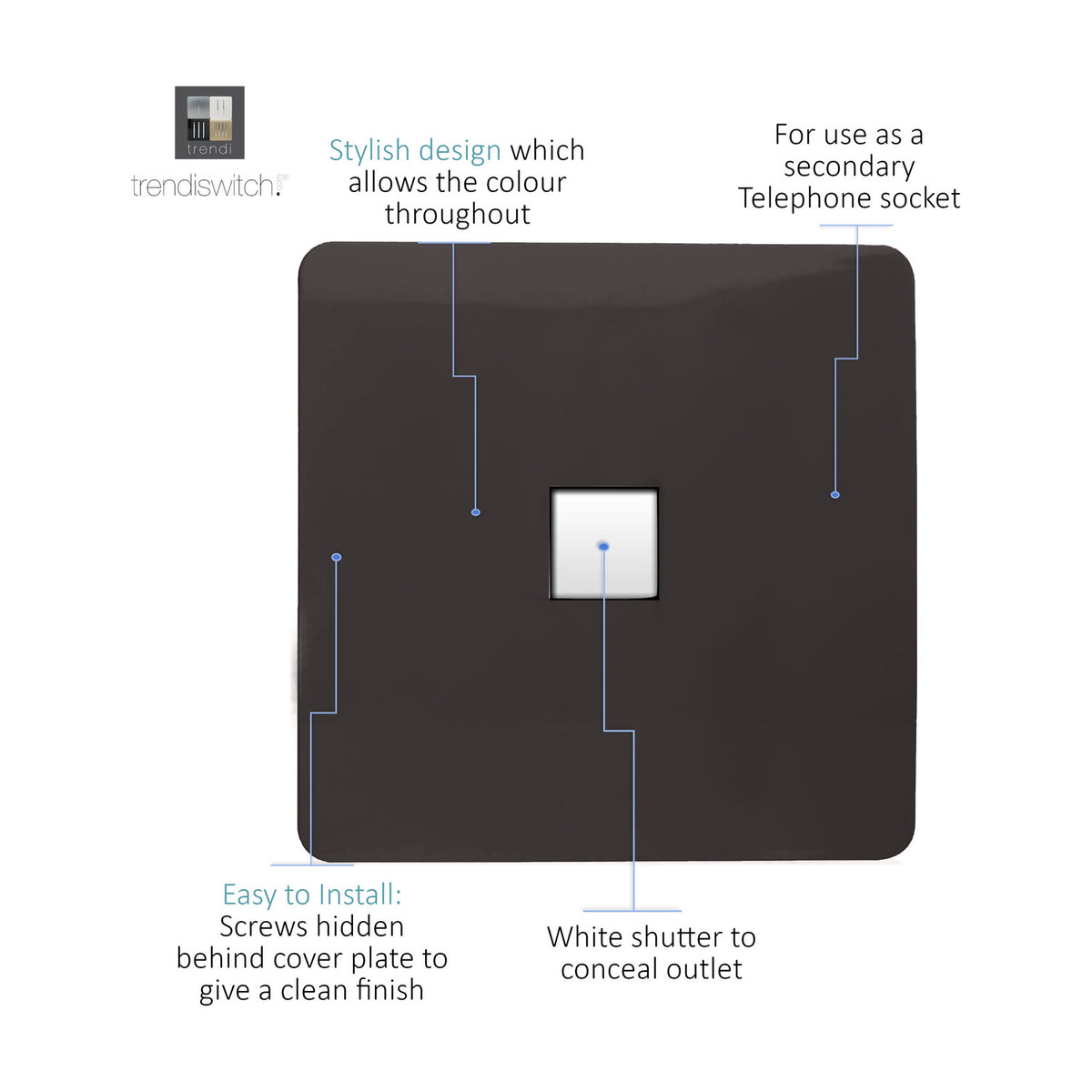 Square 1 gang telephone/ethernet outlet in dark brown with screwless flat plate, white shutter concealing the RJ45 port, on a plain white background.