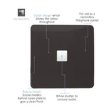 Square 1 gang telephone/ethernet outlet in dark brown with screwless flat plate, white shutter concealing the RJ45 port, on a plain white background.