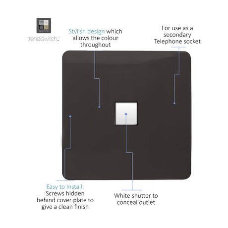 Square 1 gang telephone/ethernet outlet in dark brown with screwless flat plate, white shutter concealing the RJ45 port, on a plain white background.