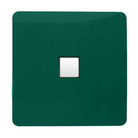 Square screwless 1 Gang Ethernet Outlet in dark green with a single white RJ45 data port, shown on a plain white background.