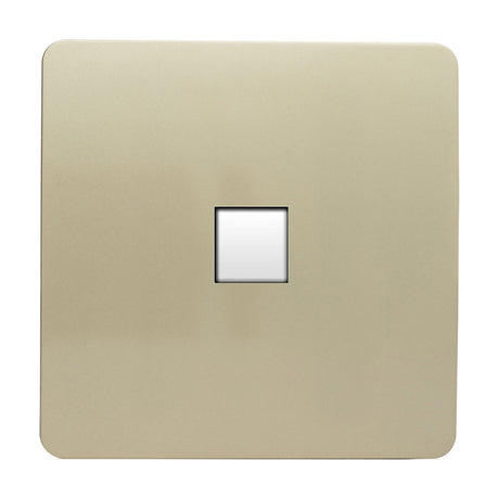 Square 1 gang Ethernet outlet in champagne gold with a screwless flat plate and single white data port, shown on a plain white background.