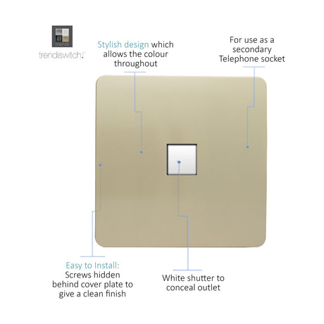 Square screwless 1 Gang Ethernet Outlet in champagne gold with central white shuttered port, labelled diagram showing design and installation features on white background.