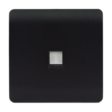 1 Gang Ethernet Outlet in matt black, screwless square plate with a single white RJ45 telephone-style socket module, shown on a plain white background.