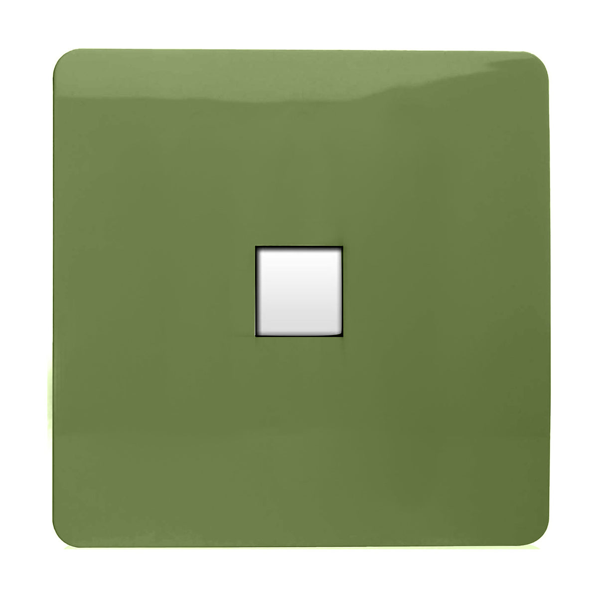 1 Gang Ethernet Outlet in moss green, screwless square plate with a single white data port, shown on a plain white background.