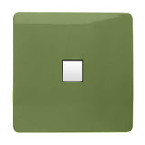 1 Gang Ethernet Outlet in moss green, screwless square plate with a single white data port, shown on a plain white background.