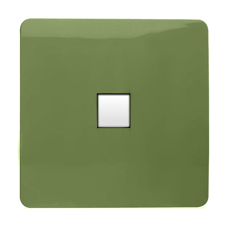 1 Gang Ethernet Outlet in moss green, screwless square plate with a single white data port, shown on a plain white background.