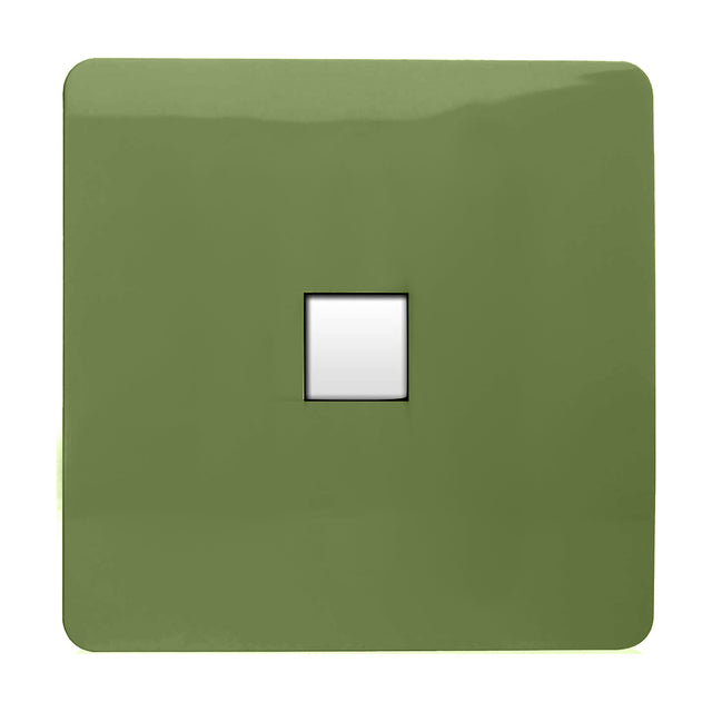 1 Gang Ethernet Outlet in moss green, screwless square plate with a single white data port, shown on a plain white background.