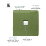 Square screwless 1 gang Ethernet outlet in moss green with white shuttered port, labelled diagram showing telephone socket use and concealed fixing screws.