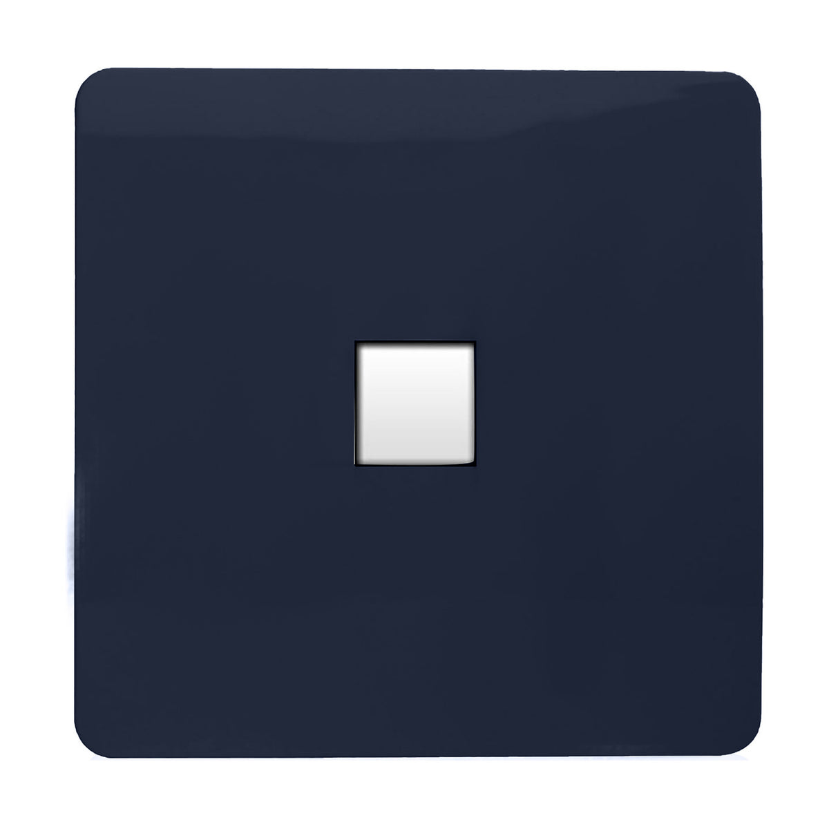 Single gang Ethernet outlet in navy blue with a screwless square plate and centred white data port, shown on a plain white background.