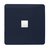 Single gang Ethernet outlet in navy blue with a screwless square plate and centred white data port, shown on a plain white background.