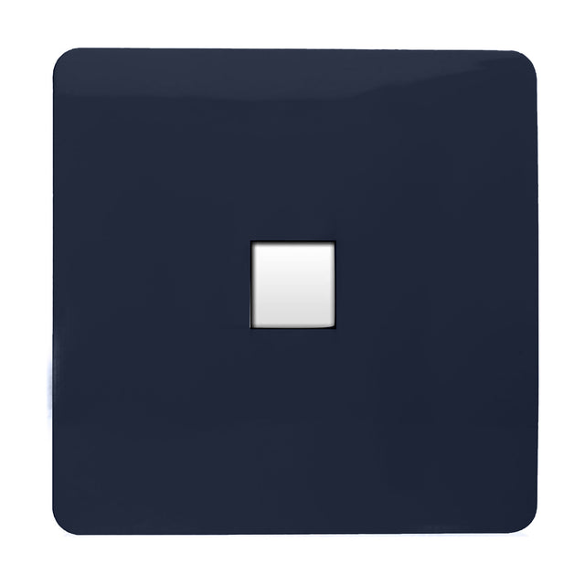 Single gang Ethernet outlet in navy blue with a screwless square plate and centred white data port, shown on a plain white background.