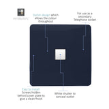 1 Gang Ethernet Outlet in navy blue, screwless square plate with central white shutter concealing the port, on a plain white background.