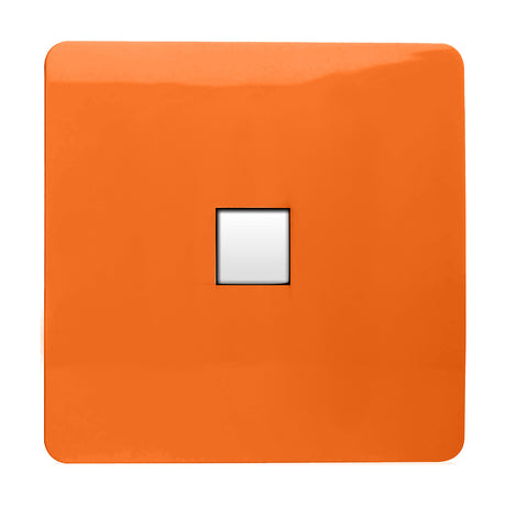1 Gang Ethernet Outlet in orange with screwless square faceplate and single white network data port, shown on a plain white background.