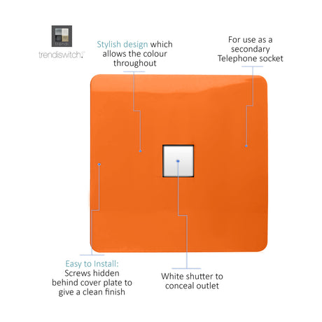 Square 1 gang ethernet outlet with screwless orange faceplate and white shuttered module, shown with labelled callouts on a white background.
