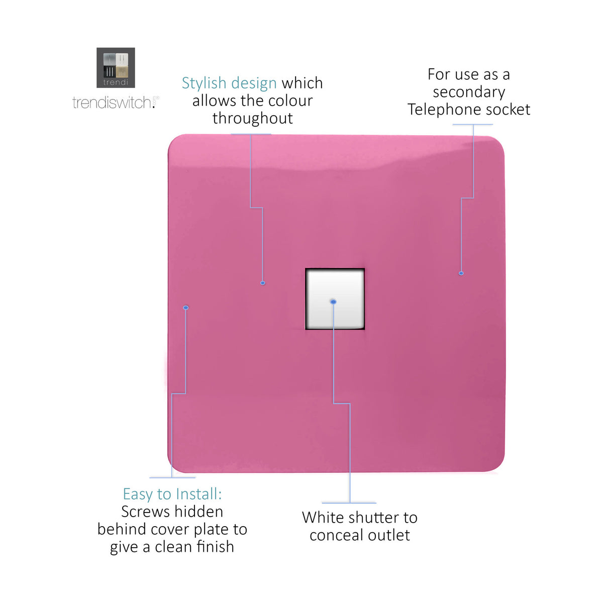 Square 1 gang ethernet outlet in pink with screwless plate and white shutter concealing RJ45 socket, shown with feature callouts on a white background.