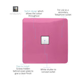 Square 1 gang ethernet outlet in pink with screwless plate and white shutter concealing RJ45 socket, shown with feature callouts on a white background.
