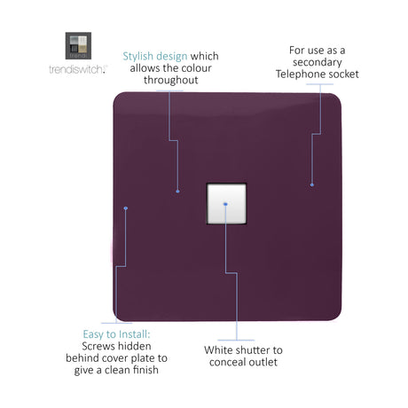 1 Gang Ethernet Outlet in Plum, a screwless square plate with white shuttered RJ45 module, shown with labelled callouts on a purple background.