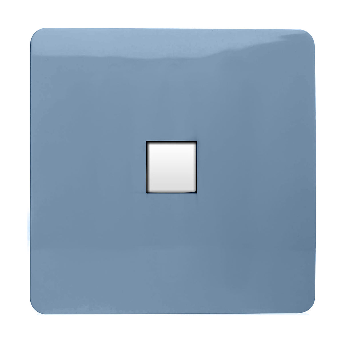 1 Gang Ethernet Outlet in sky blue, screwless square plate with central white RJ45 port module, plain white background.