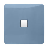 1 Gang Ethernet Outlet in sky blue, screwless square plate with central white RJ45 port module, plain white background.